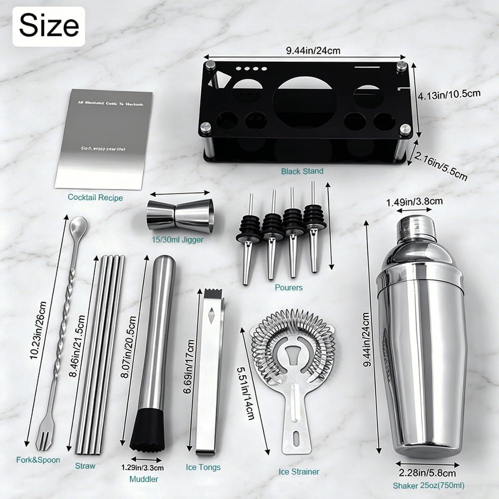 14-Piece Cocktail Shaker Set with Stand, Bartender Kit, 25oz Shakers, Bar Set Cocktail Shaker Set, Jigger - Set of 14