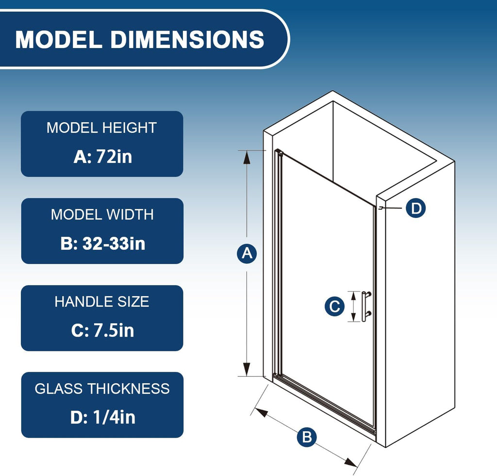 Pivot Shower Door 32-33.2" W x 72" H, Frameless Pivot Shower Door, 1/4"(6mm) SGCC Tempered Glass Shower Door