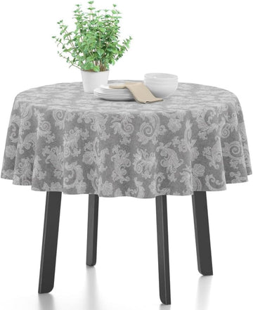 4 Seater Dining Table Cloth 145 cm-Round (57 in-Round) I Floral Grey Jacquard Style Print on Chambra