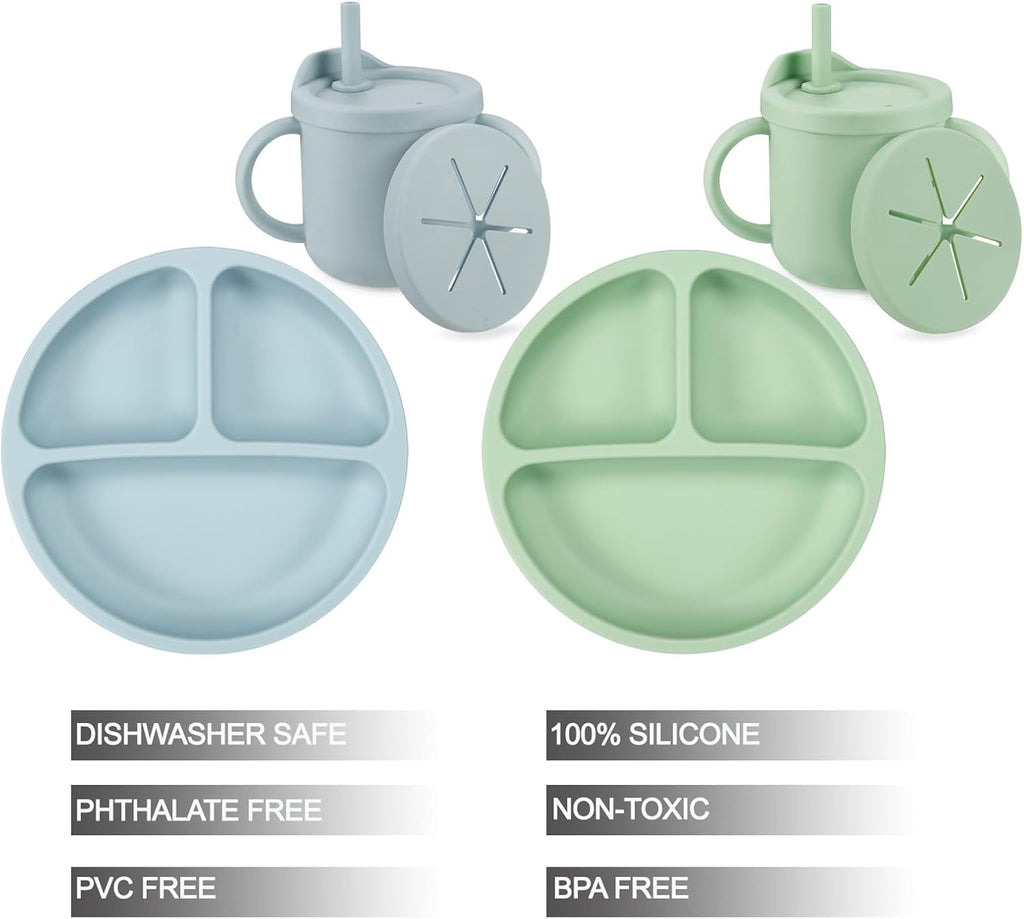 Silicone Baby Feeding Set| 2 Pack Silicone Divided Suction Plate and 2 Pack Tiny Cup with 2 Spoons 2 Forks| Baby Led