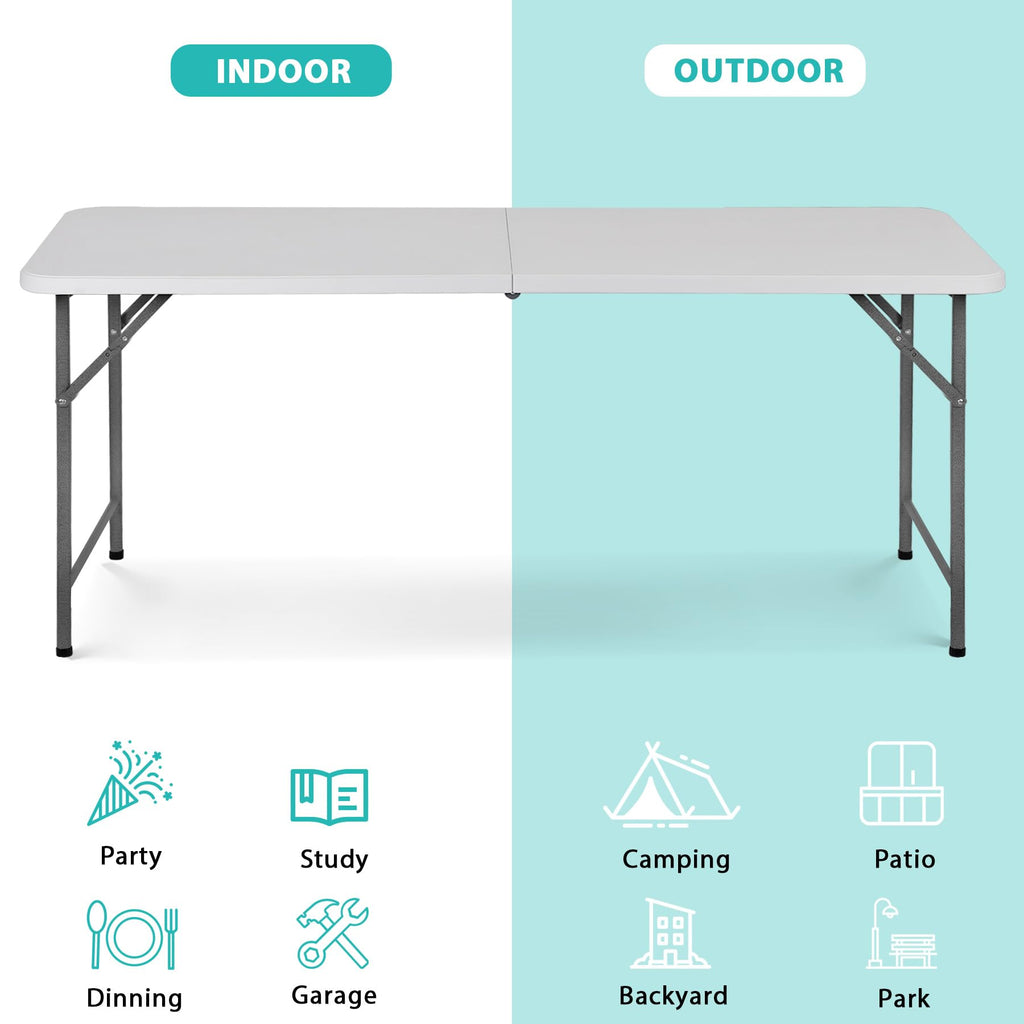 Upgraded 6FT Folding Picnic Table for Outdoor, Portable Fold-in-Half Plastic Dining Picnic Party Table with Carrying