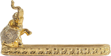 Gold Elephant Incense Holder, Resin Feng Shui Statue Ash Catcher Tray, 9.45In