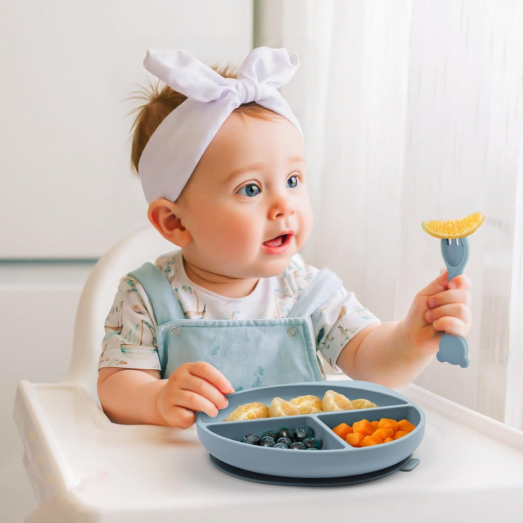Piece Silicone Baby Feeding Set - Divided Suction Plate with 3 Sets of Spoons and Forks, BPA-Free Toddler Plates