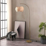 Wave Arc Floor Lamp - Chic Standing Lamp with Unique Hanging Wicker Pendant Shade, Boho Rattan Natural Decor Lamp
