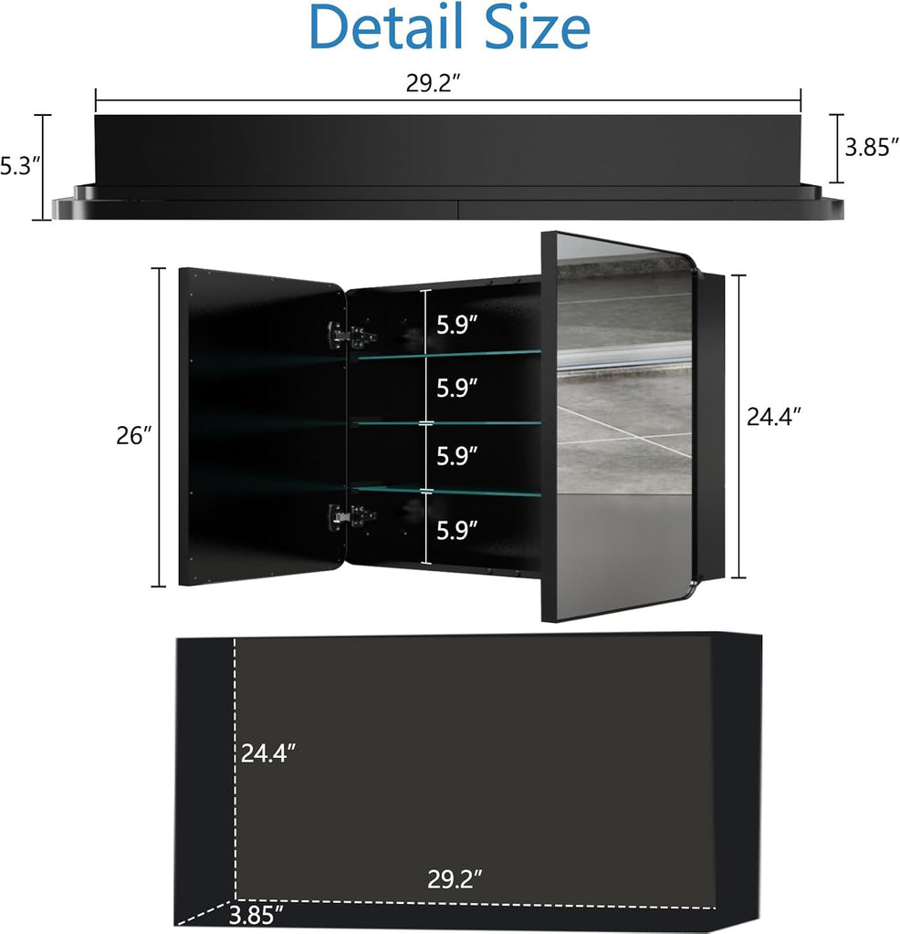 Bathroom Medicine Cabinet with 30"x26" Black Stainless Steel Framed Mirror,Recessed or Surface Mounted Bathroom