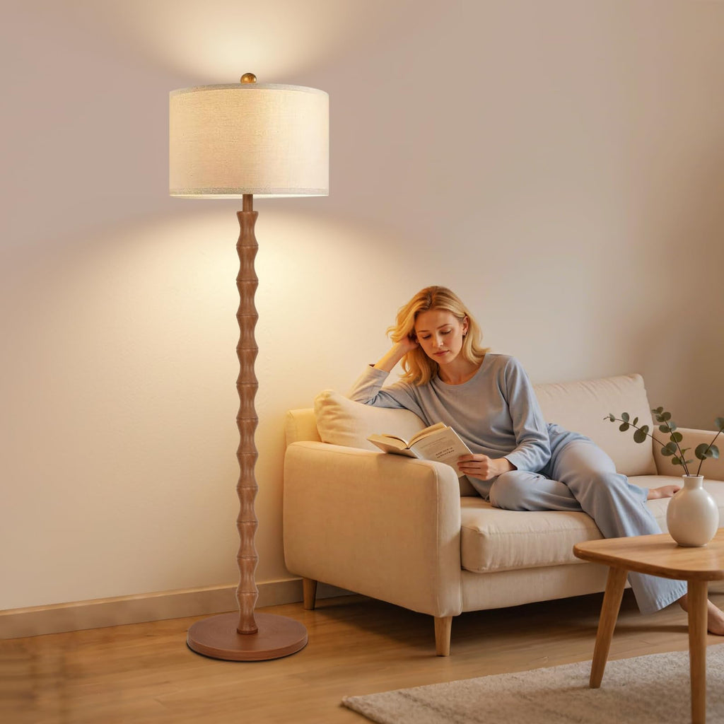 Wood Floor Lamp with 3 Color Temperatures, Boho Floor Lamp with Remote Control, Dimmable Vintage Floor Lamp Mid Century