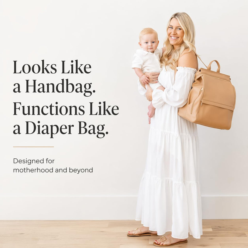 Leather Diaper Bag Backpack with USB Charging Port, Changing Pad, Stroller Straps, Bottle Holder (Brown Sophia)