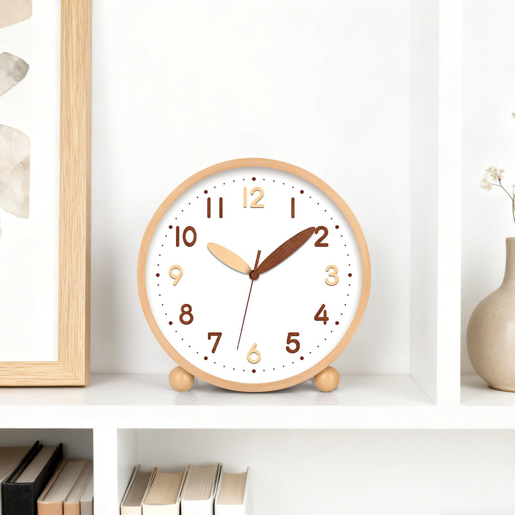 Wooden Table Clock, 8in Silent Non-Ticking Desk Clock, Battery Operated Desktop Analog Clock Bedroom Kitchen Office