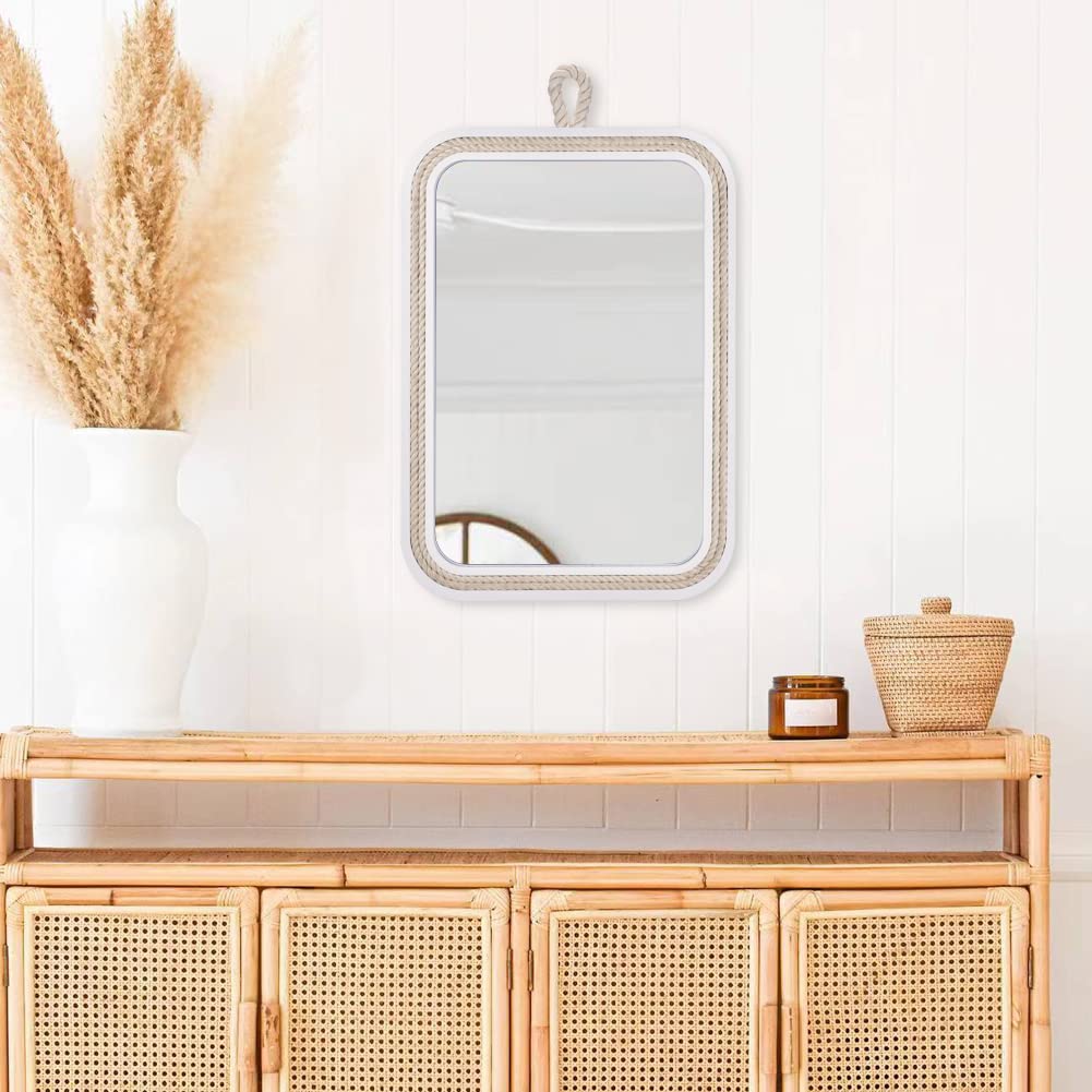 Nautical Rope Mirror Rectangle Wooden 22''Lx16''W White Decorative Mirror Farmhouse Hanging -Beachy Coastal Wall