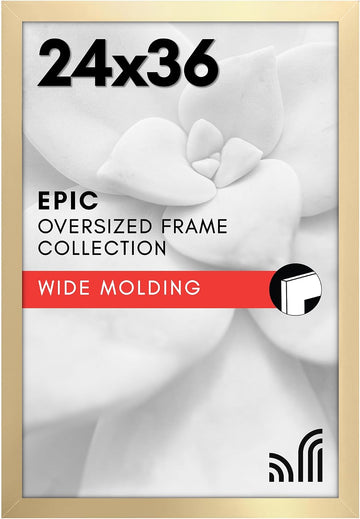 24x36 Poster Frame - Gold Engineered Wood with Polished Plexiglass - Wide Picture Frame for Vertical or Horizontal