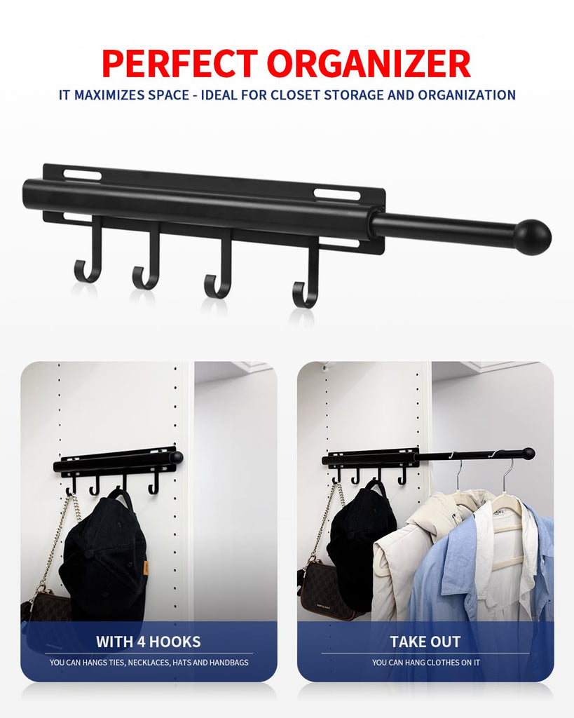 Valet Rod for Closets Pull Out 12" Black with 4 Hooks