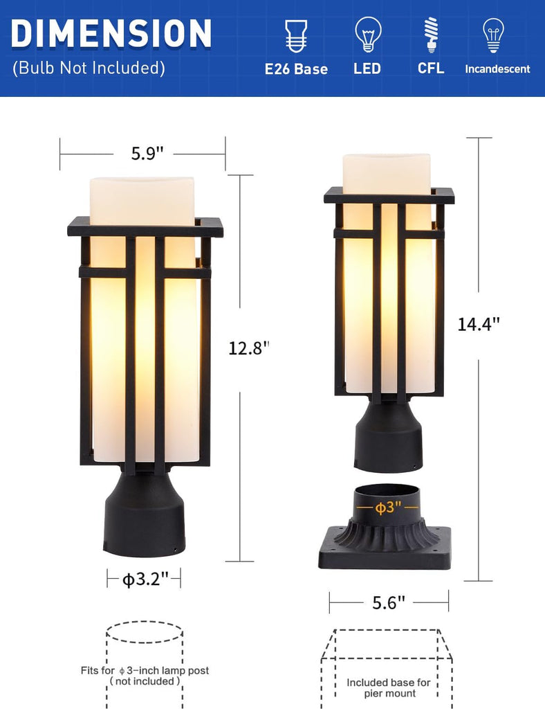 Outdoor Post Lights Waterproof Metal Frame with Milk White Frosted Glass Pier Mount Outdoor Lighting Fixtures(with