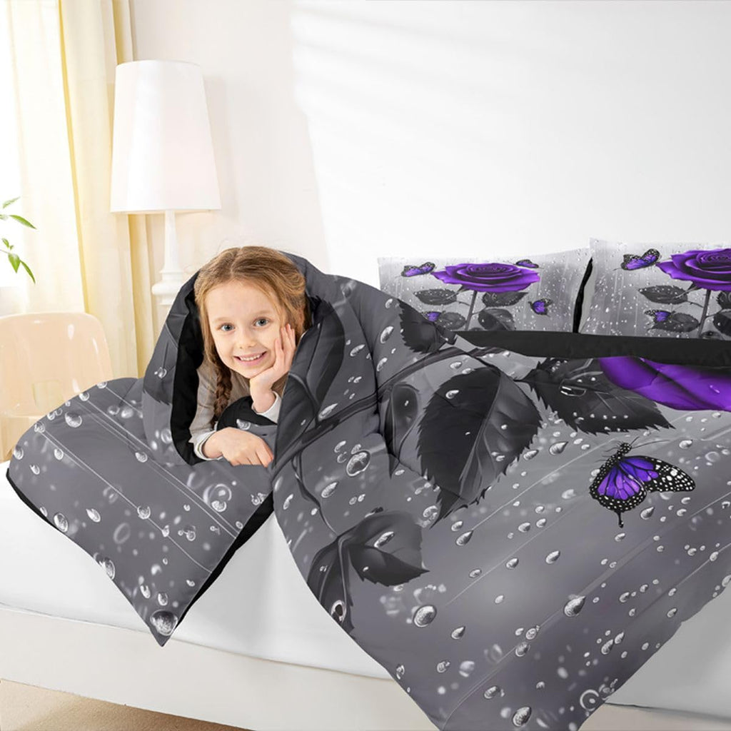 3D Rose Comforter Set - Rose Floral Print Bedding Set With Romantic Flowers, Butterfly Duvet Set, Quilt