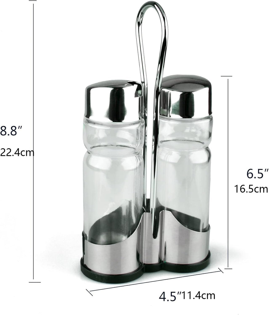 Oil and Vinegar Dispenser Set with Stainless Steel Holder,Clear Glass Olive Oil Dispenser Bottle - Set of 3