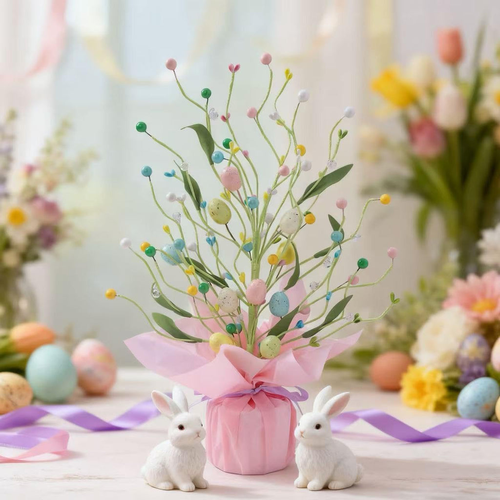 Easter Egg Tree Table Decor, 16.53 Inch Pre-Lit Artificial Easter Tree with Pastel Eggs & Berries, Spring Centerpiece