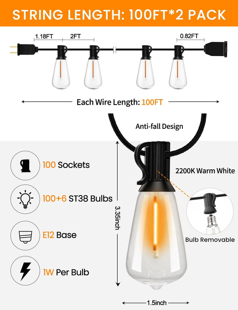 200FT ST38 Outdoor String Lights with 100 1W Plastic Shatterproof Bulbs