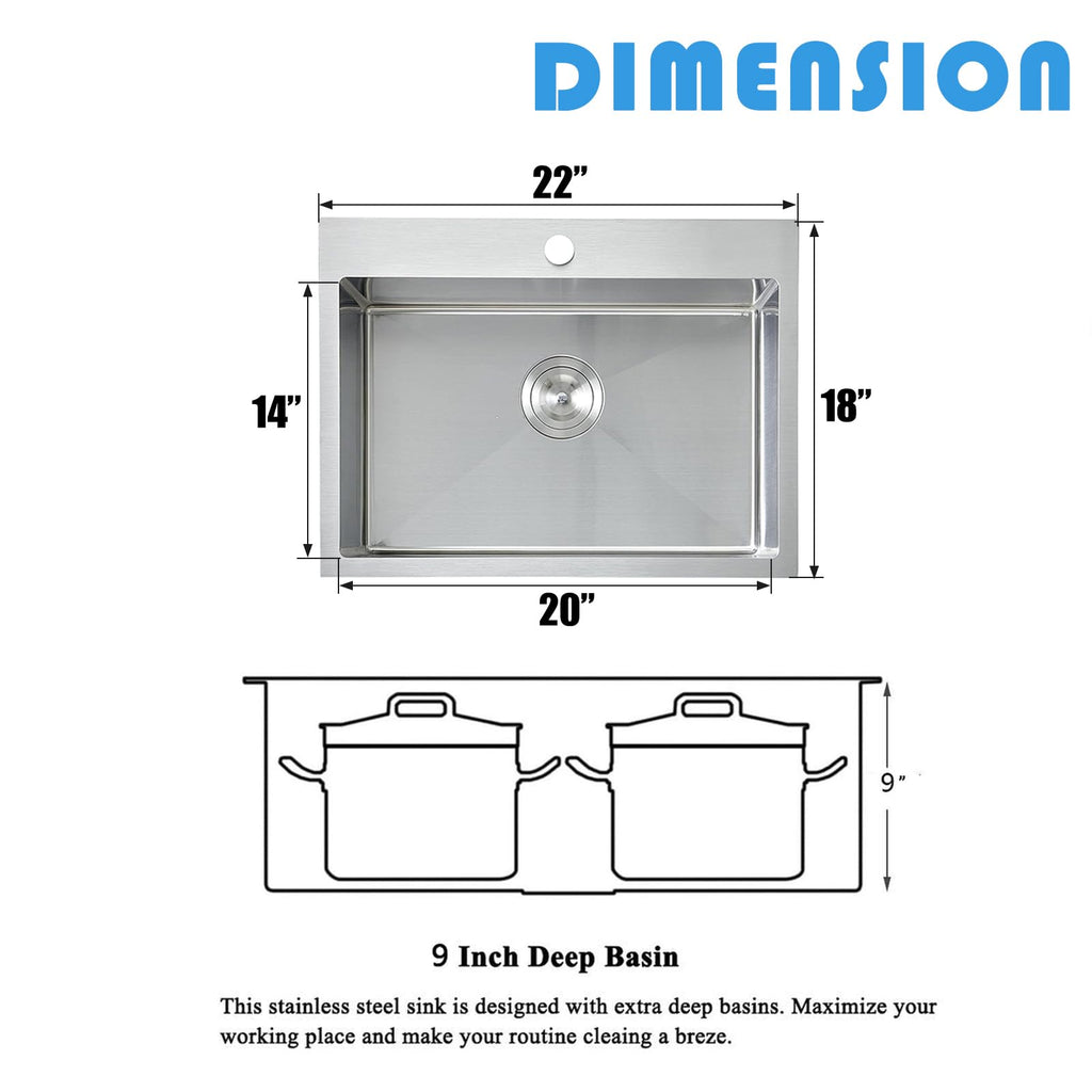 22"x18" Drop In Single Bowl Stainless Steel Brushed