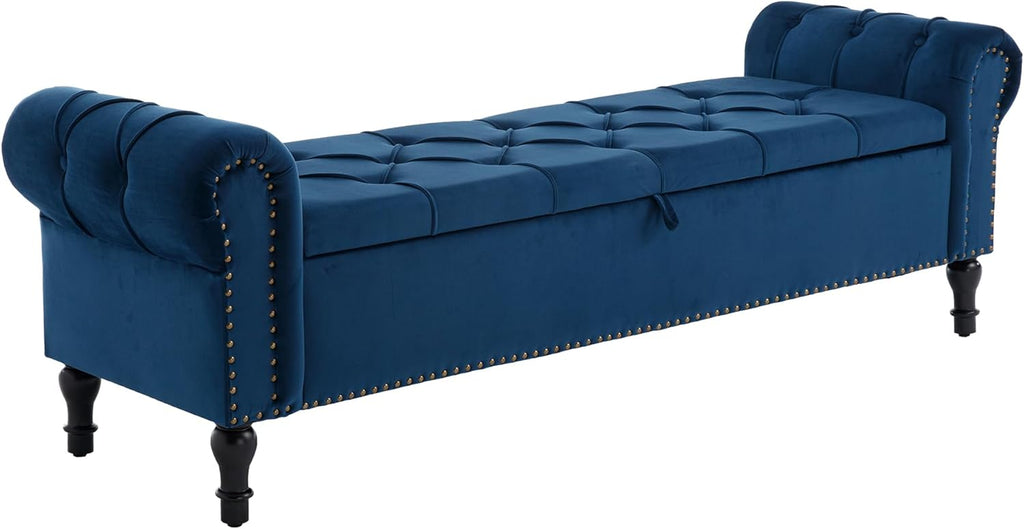 Velvet Storage Bench 67 Inch Upholstered Tufted Ottoman Bench with Arms Large Storage Space King Size End of Bed