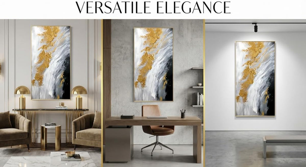 Hand-Painted Black and White Abstract Oil Painting on Canvas for Entrance-Hall, Framed Gold Wall Art ,Large 3D Wall