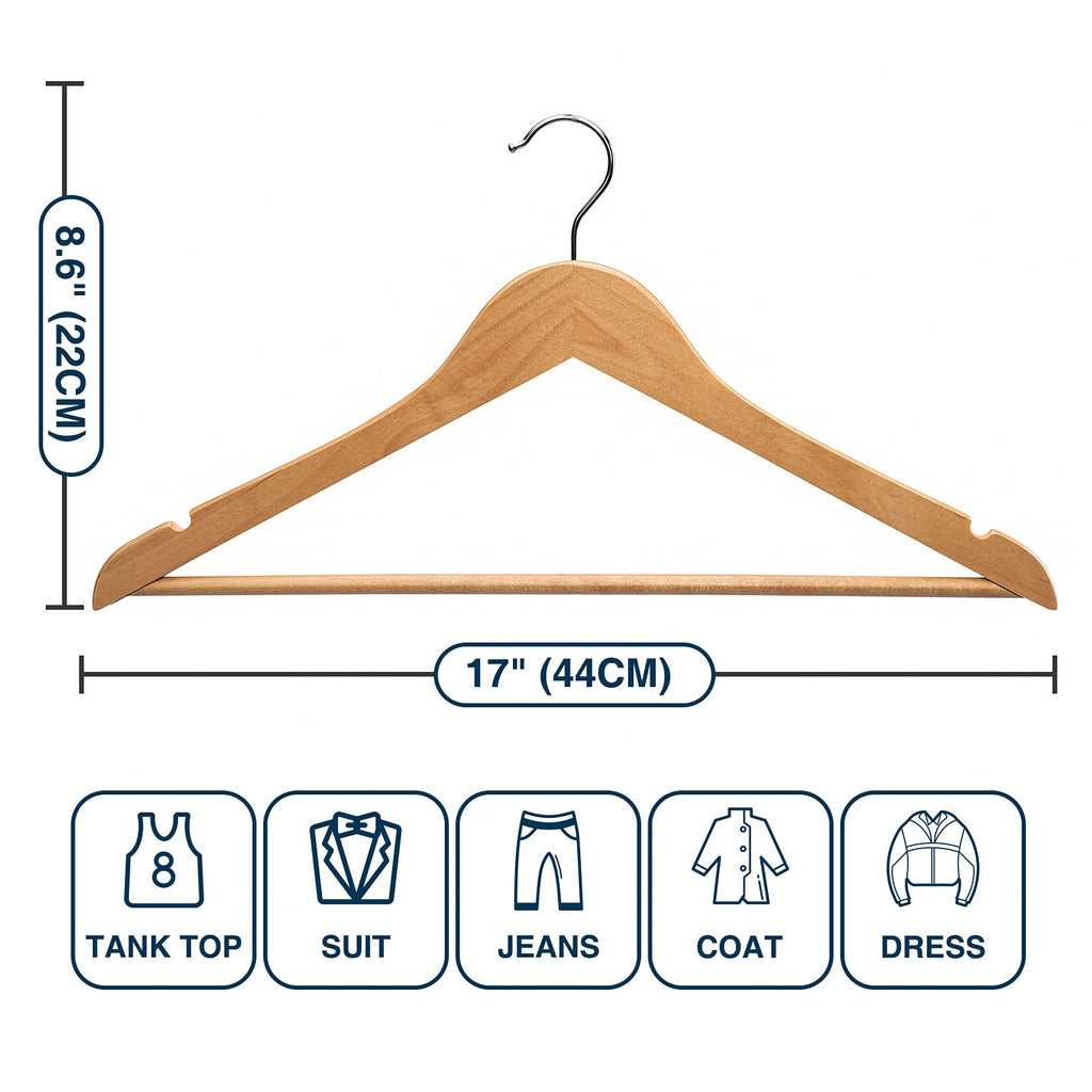 Wooden Hanger 10 Pack, Wood Hanger Solid Shirt Hangers with Pants Bar, Heavy Duty & Slim Coat Hanger, for Suit Coat