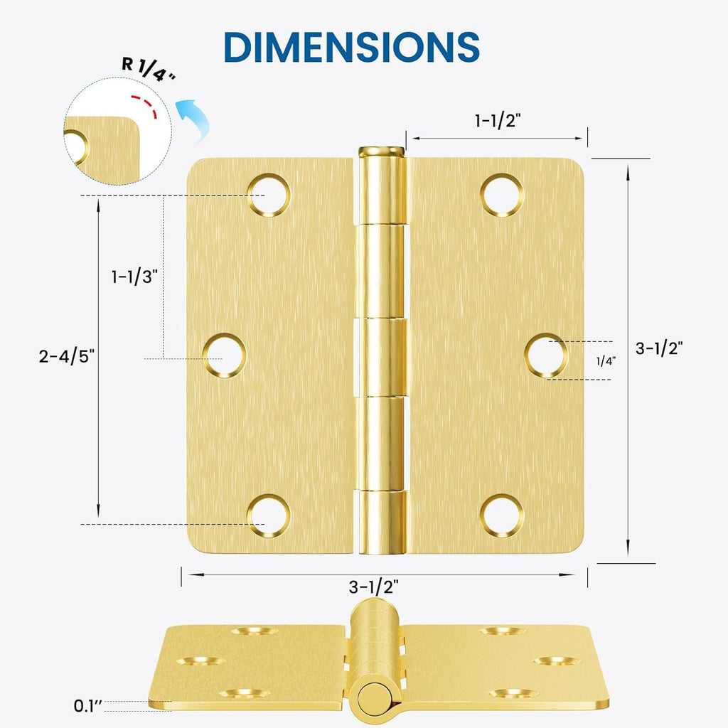6 Pack Door Hinges Brushed Brass 3.5 Inch with 1/4" Radius Corners Rounded Satin Brass Interior Door Hinges 3 1/2"