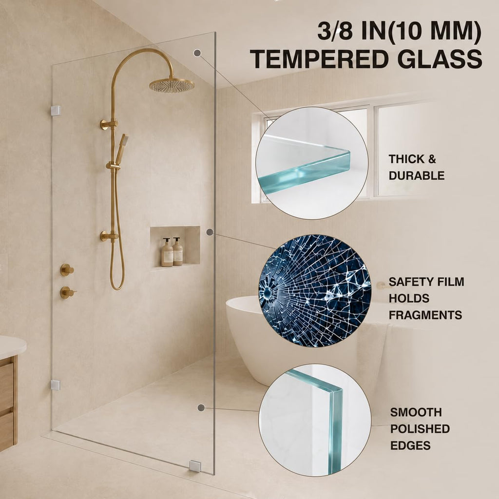 30" x 72" Frameless Fixed Shower Panel, 3/8" Clear Tempered Glass, Chrome