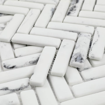 Carrara Herringbone Marble Look Recycled Glass Mosaic Backsplash