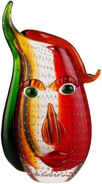 Murano-Style Art Glass Vase with a Face - 12.6" Tall Mouth-Blown Artistic Sculpture with Vibrant Colors & Accents