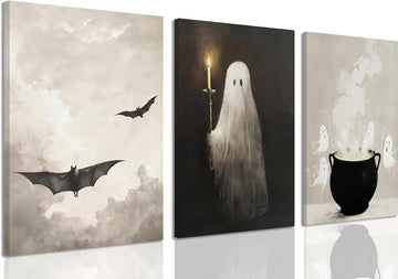 Fall Halloween Wall Art Set of 3, Vintage Halloween Ghosts Canvas Painting Wall Decor, Ghost Bat Funny Spooky Gothic
