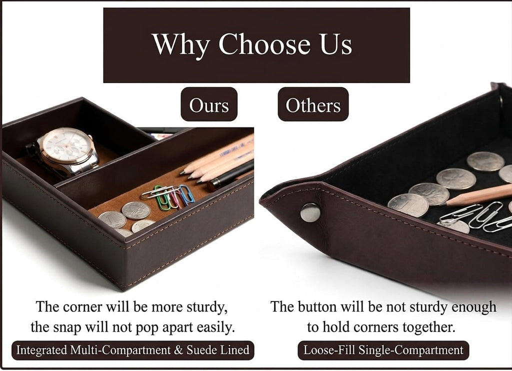 Valet Tray for Men & Women, Faux Leather Organizer Tray for Nightstand and Dresser, Jewelry, Keys, Wallet and Phone