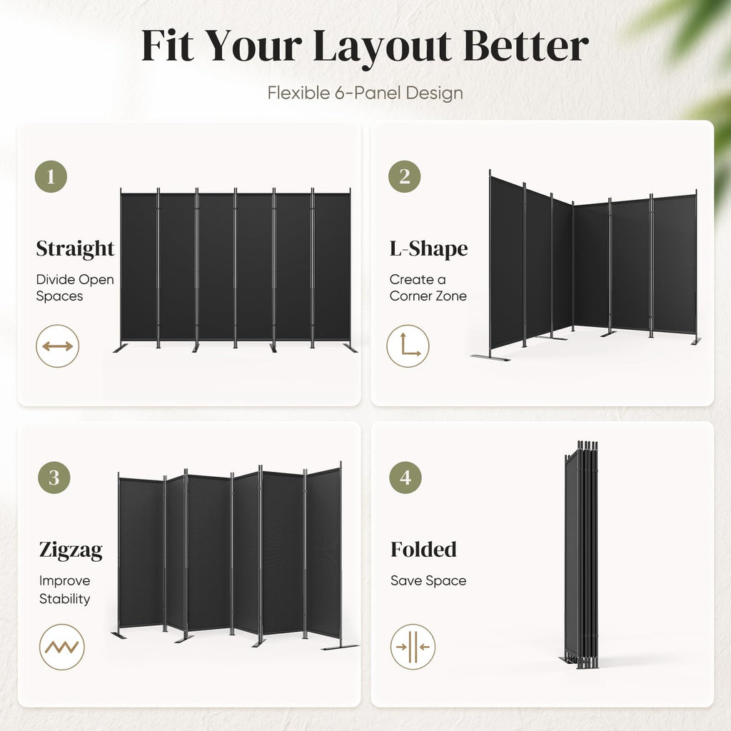 6 Panel Room Divider 6FT Tall Folding Privacy Screen, Black