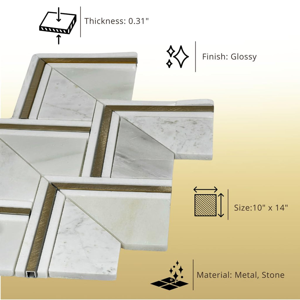 HTC165 Diaspore 10x14 Marble & Brass Mosaic Tile - Waterjet Cut Calacatta Carrara Mix with Gold Metal, Mesh-Mounted