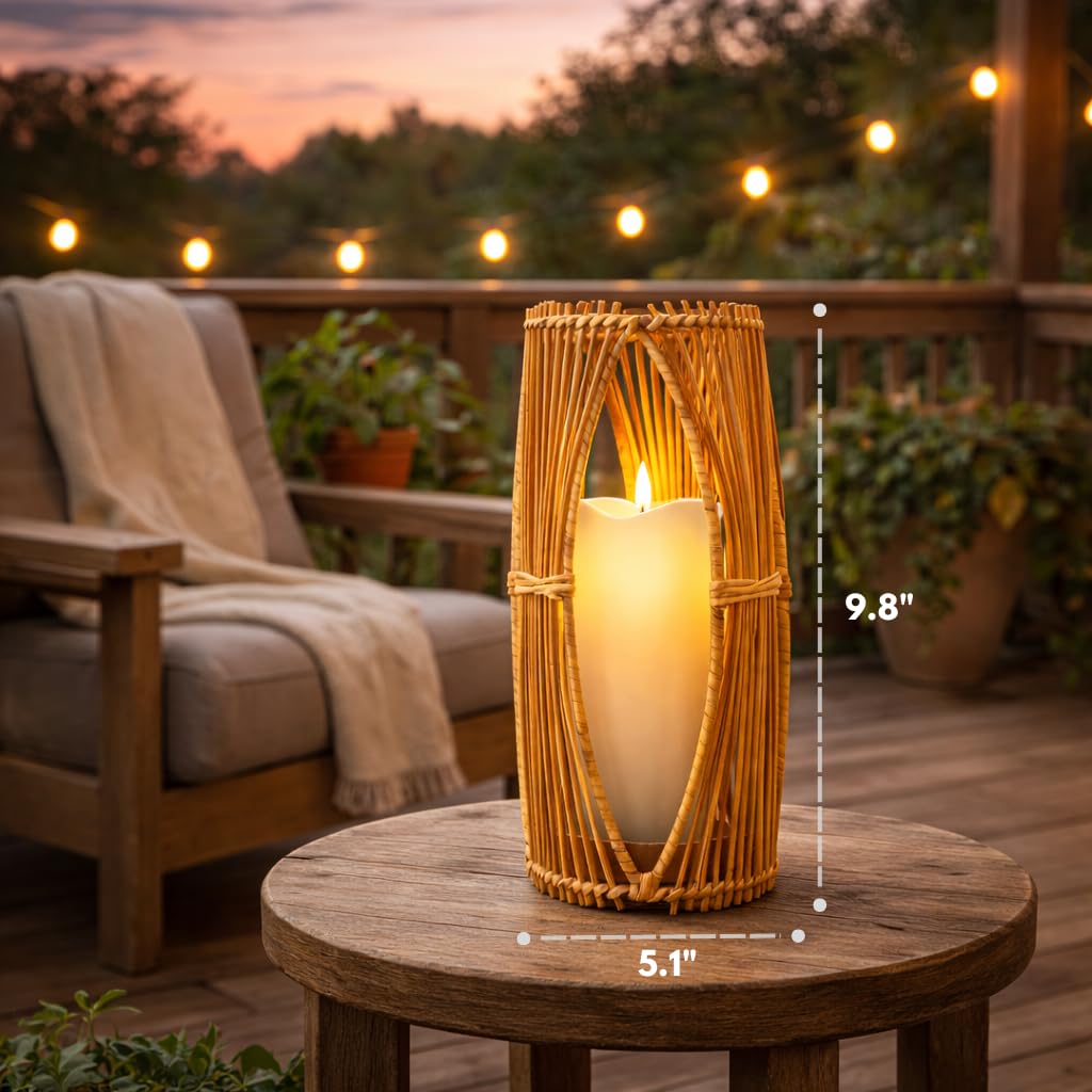 Handmade Boho Rattan Lantern - Rattan Lantern with Metal Frame for Indoor and Outdoor Home Decor, Decorative