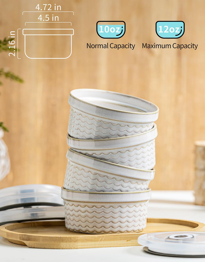 12 oz with Lids Airtight Ceramic Storage Containers with Lids for Meal Prep/Moving/Freezer/Oven, Creme Brulee Ramekin