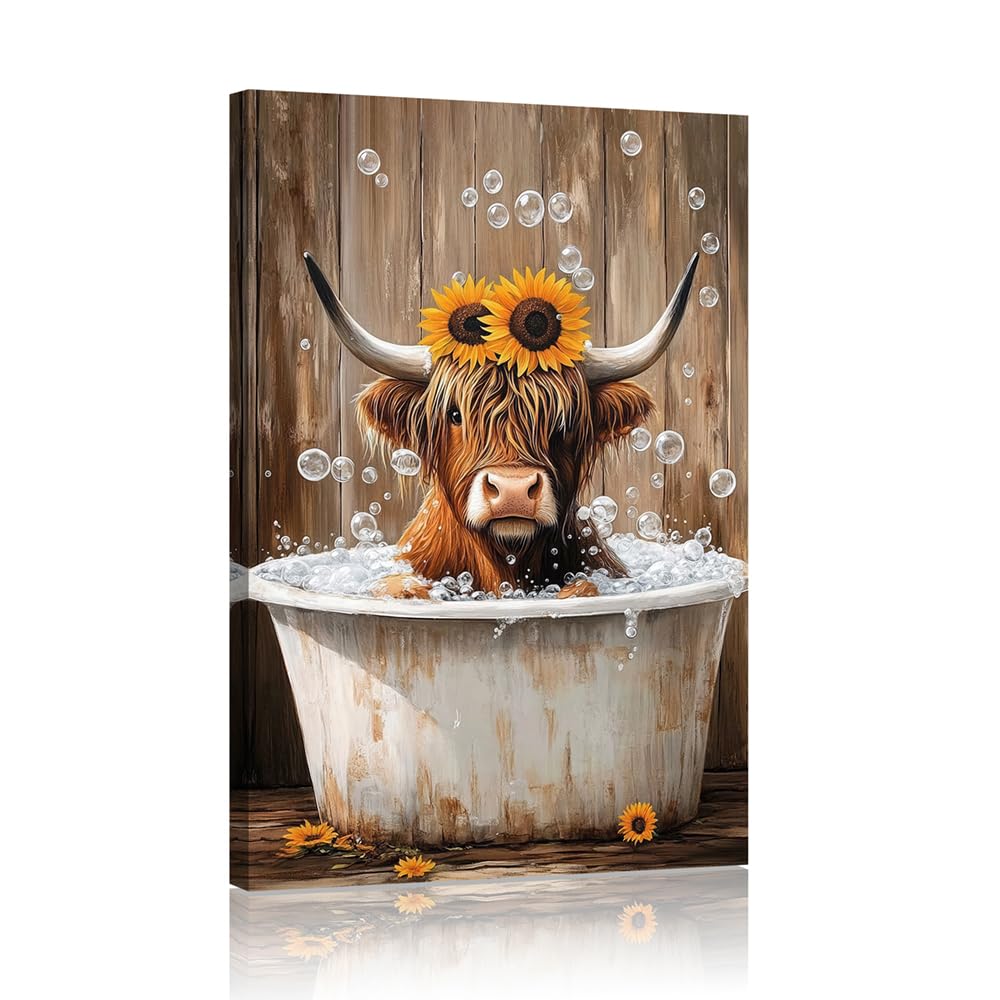 Highland Cow Canvas Wall Art: Sunflowers Farmhouse Artwork, Cow Pictures Bathroom Decor Ready to Hang 16x24inch