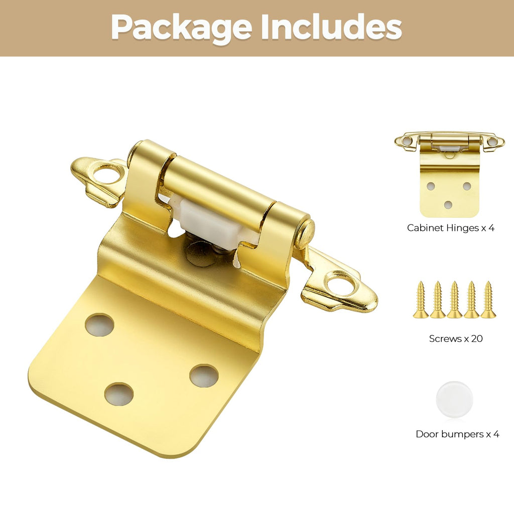 4 Pack 2 Pair Gold Cabinet Hinges, 3/8" Inset Semi-Concealed Hinges