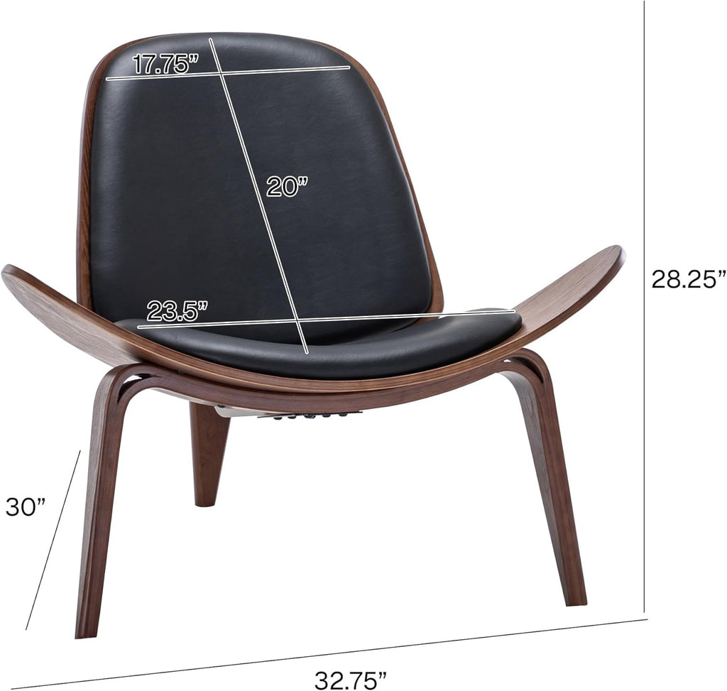 Mid Century Modern Tripod Plywood Lounge Chair Walnut Bentwood Upholstered Faux Leather, Black