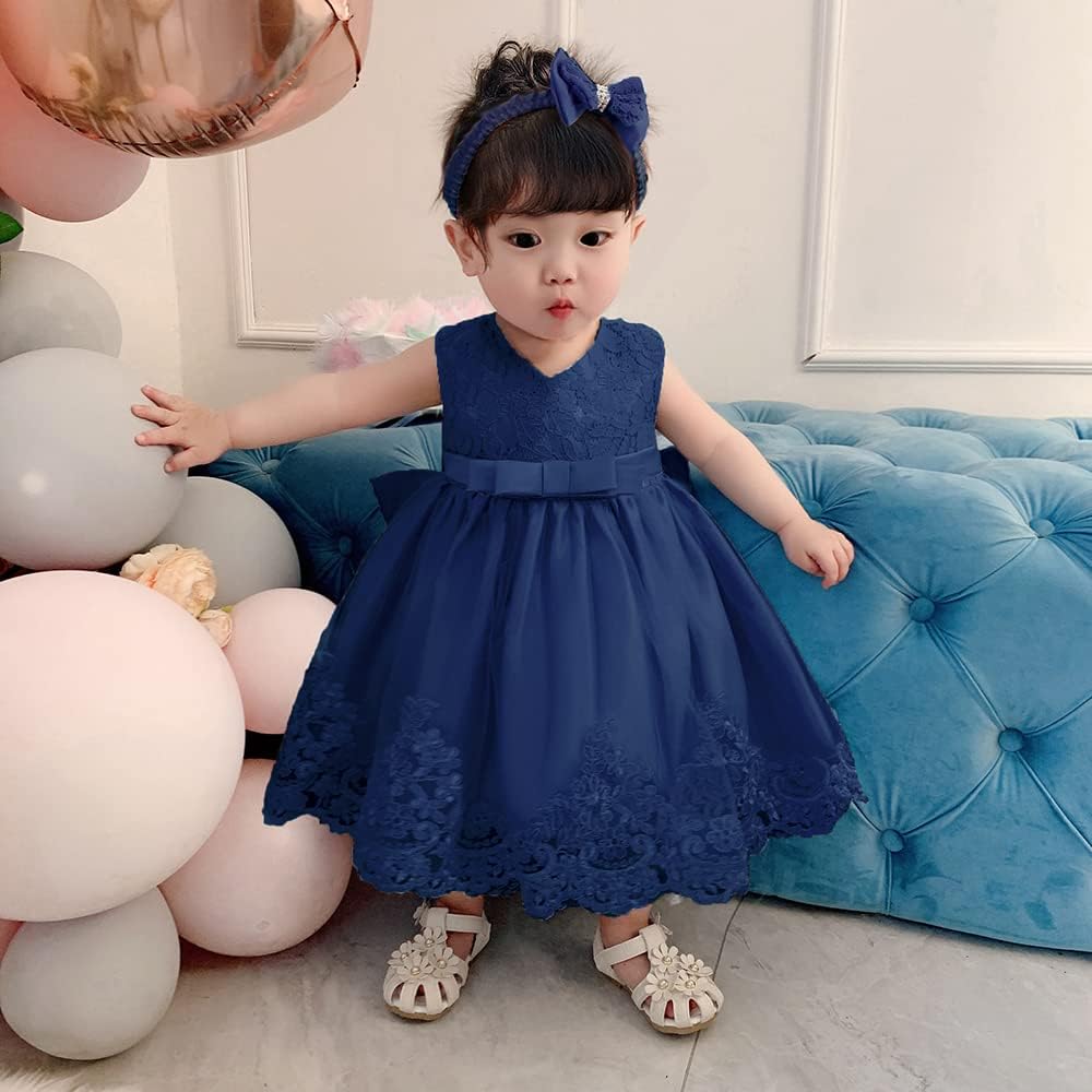 Toddler Girls Pageant Lace Dresses Baby Birthday Party Embroidery Dress with Headwear