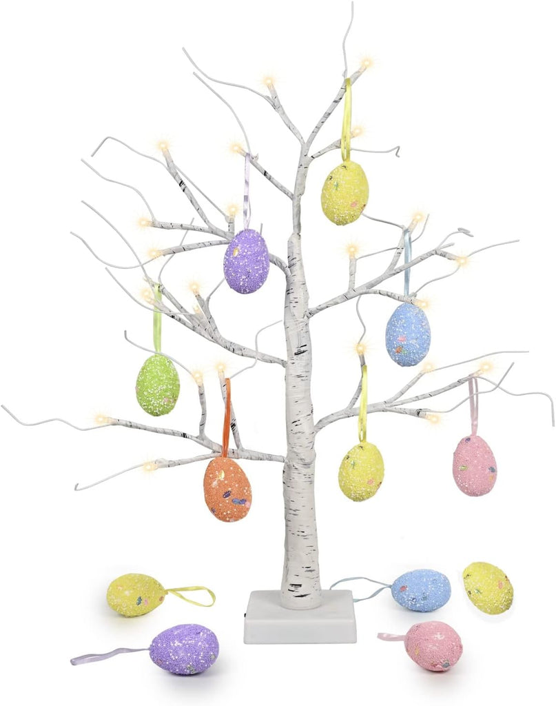 Easter Decorations 24 Inch Pre-lit White Birch Tree with 10 Hanging Easter Egg Ornaments, 24 Led Lights Battery