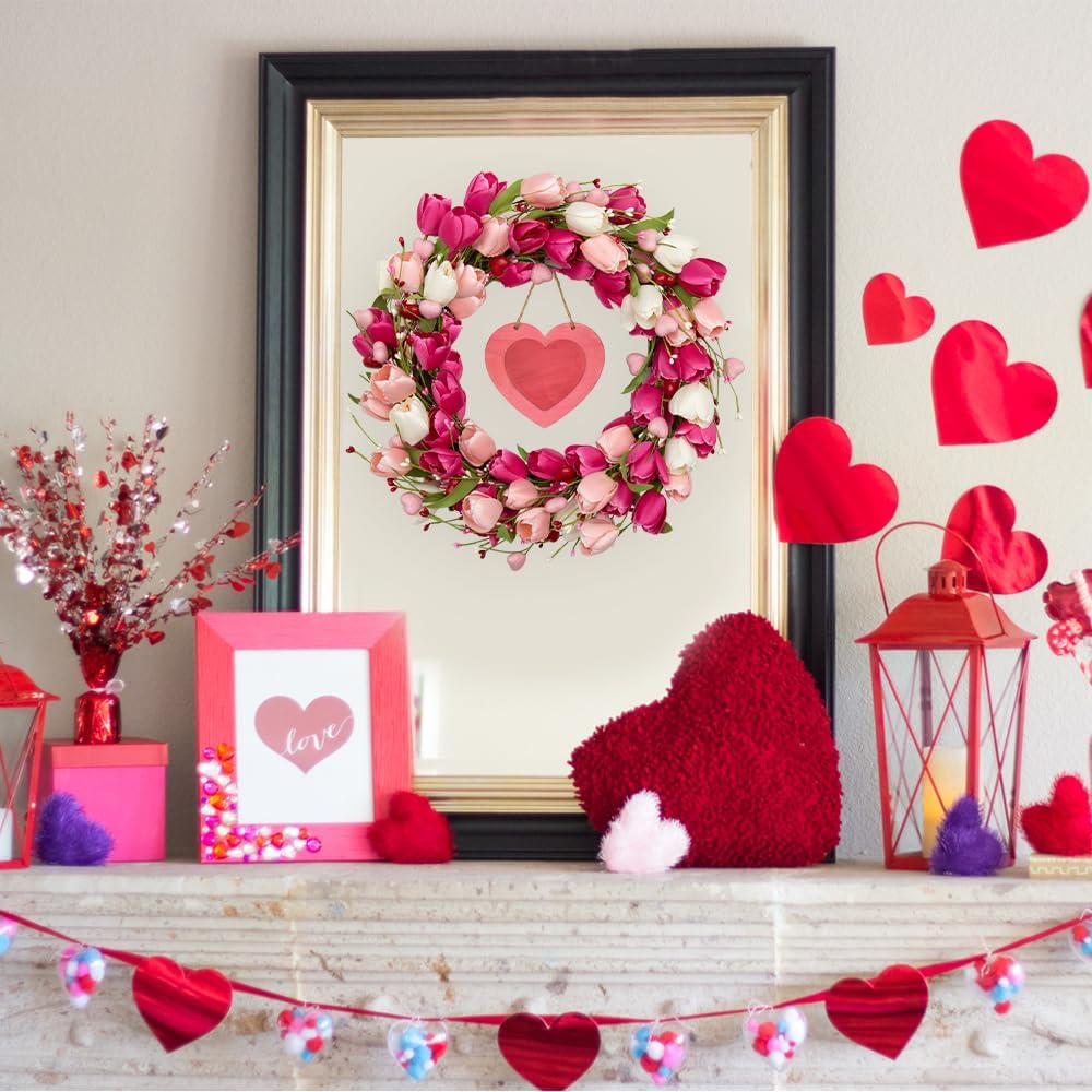 20 Inches Valentines Day Wreath Pink Valentine Wreath for Front Door Colorful Valentine Door Wreaths Tulip Wreaths