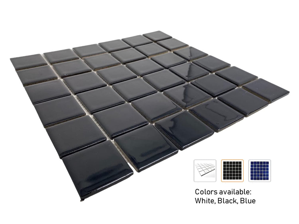 2-Inch Black Porcelain Square Mosaic Tile, Glossy Shiny Finish, Exact 1-15/16 in., Mesh-Mounted 12x12 Sheet