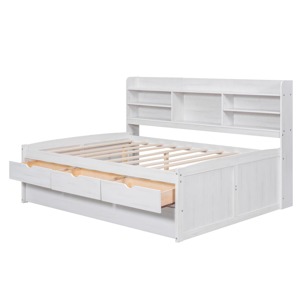 Full Size Daybed, Wooden Captain Bed with Built-in Bookshelves, Full Daybed with 3 Storage Drawers and Trundle, White