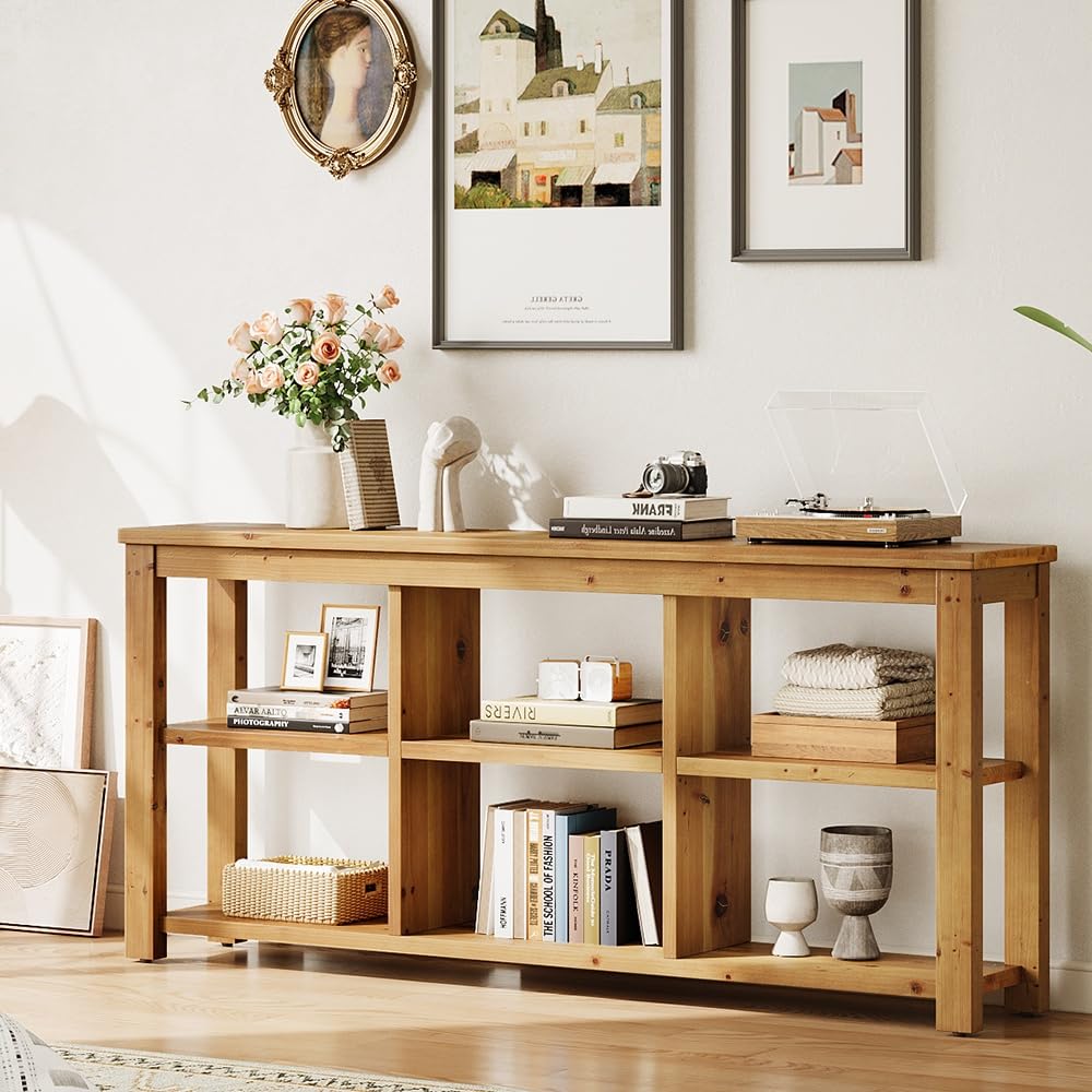 Solid Wood Horizontal Bookcase with Adjustable Shelves, 6 Cubes Storage Organizer Long Bookshelf, Farmhouse Low Cubby