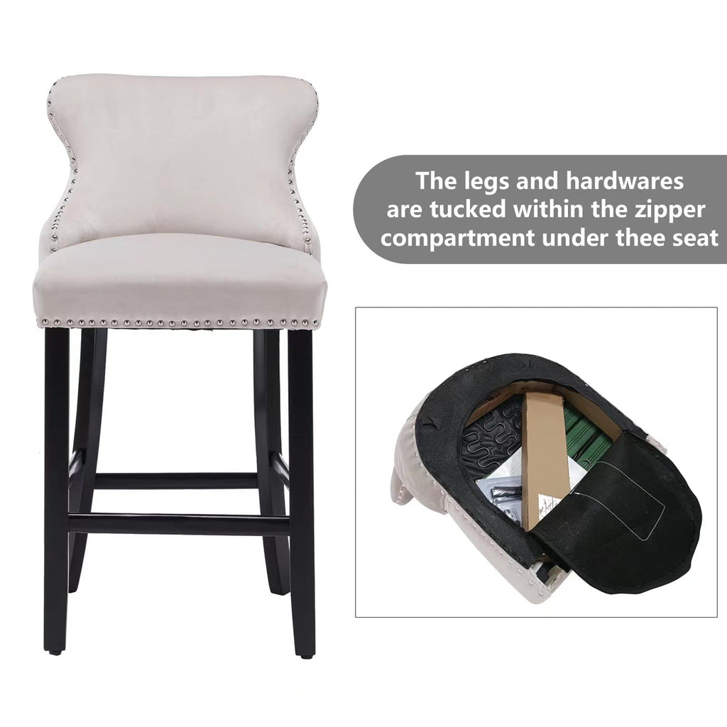 Velvet Wingback Bar Stools Set of 2, Upholstered Button Tufted Counter Height Bar Stool Chairs with Solid Wood Legs
