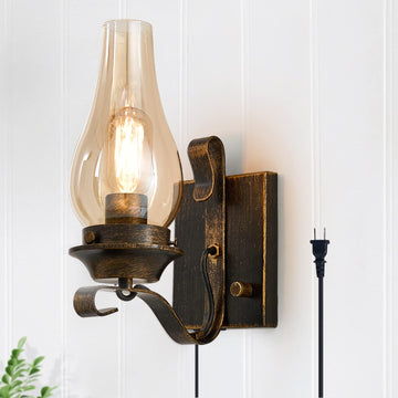 Plug in Wall Sconce,Oil Rubbed Bronze Wall Sconces,Retro Rustic Wall Lamps,Sconces Wall Lighting with Amber