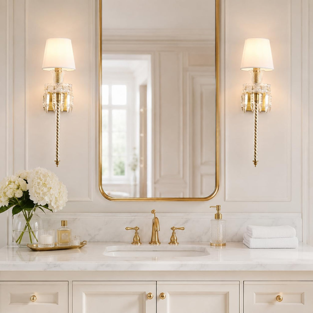 Modern Crystal Wall Sconce with Linen Shade Vintage Crystal Gold Wall Light Modern Glass Golden Wall Lamp for