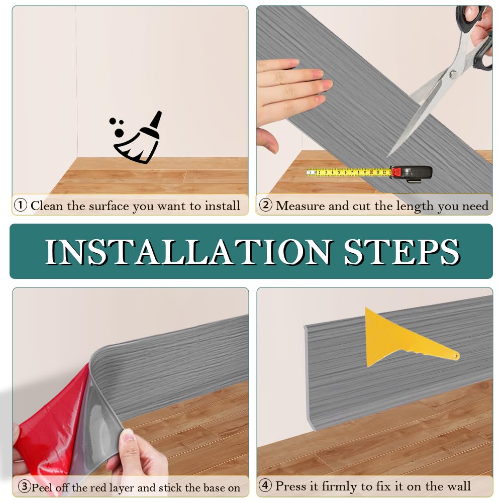Vinyl Baseboard Molding Trim 4 Inch Self-Adhesive Vinyl Wall Base