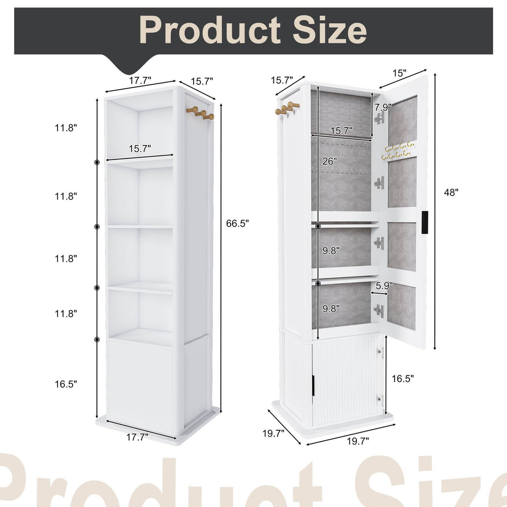 360° Rotating Mirror with Storage, 66" Jewelry Mirror Full Length, White