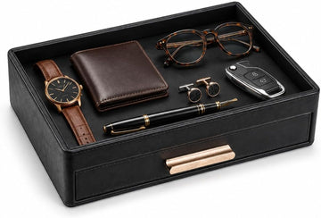 Leather Valet Tray for Men, Nightstand Organizer with Drawer, Black