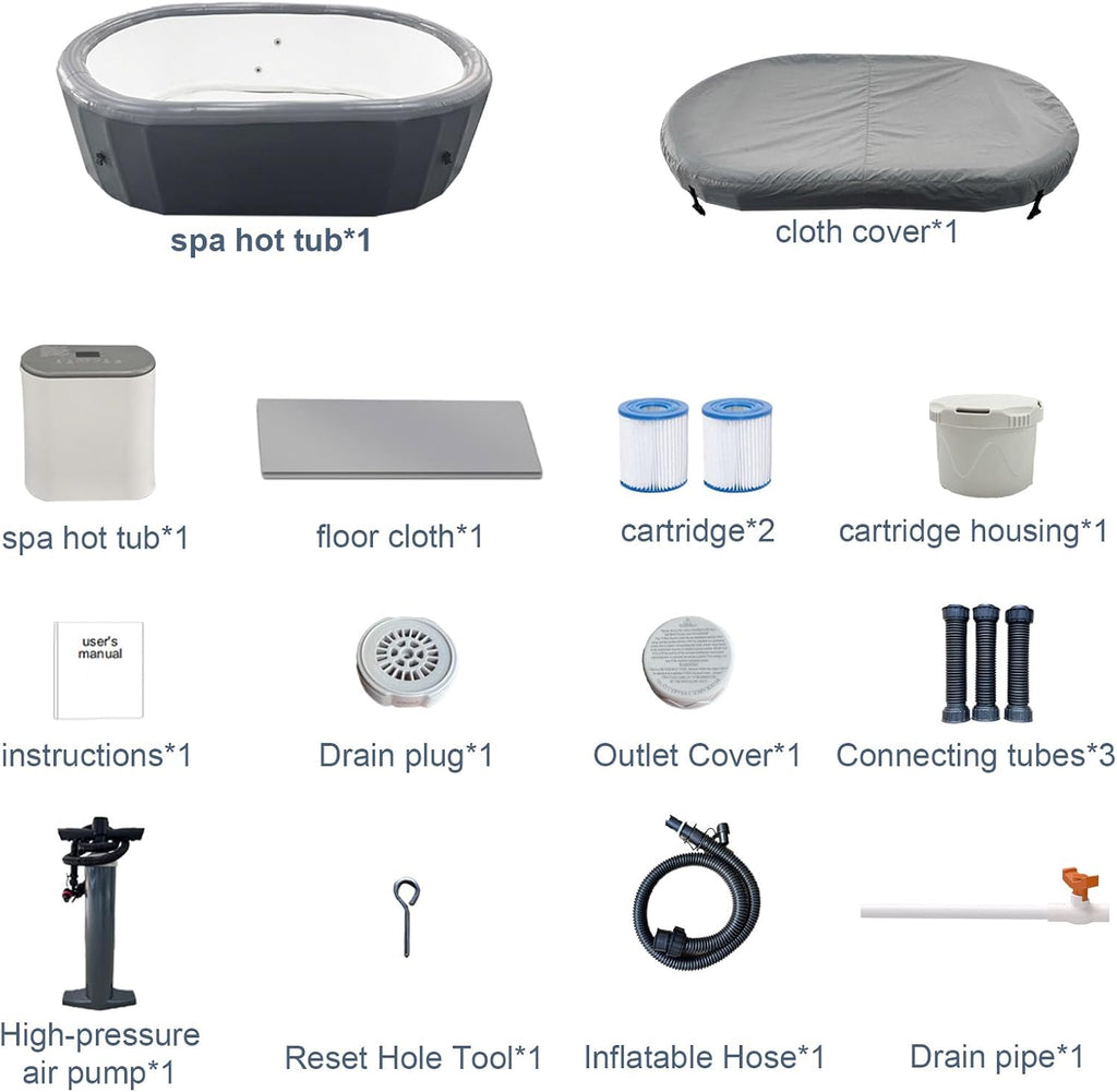 1-2 Person Inflatable Hot Tub - 100"*63"*28" Portable Outdoor spa with 180 AirJets & Smart Control